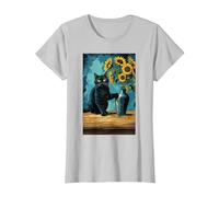 Gatto con Un Vaso di Girasole Maglietta, Donna, Argento, 3XL