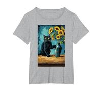 Gatto con Un Vaso di Girasole Maglietta, Donna Plus-Size, Grigio Melange, 4X