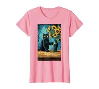 Gatto con Un Vaso di Girasole Maglietta, Donna, Rosa, S