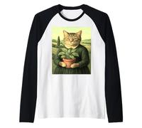 Gatto con Una pianta - Vintage Art Parody Remix Maglia con Maniche Raglan