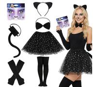 Gatto Cosplay Set Per Donna 7 Pezzi,Costume Da Gatto Nero,Cerchietto Orecchie Da Gatto, Coda, Papillon, Tutù e Adesivi Per Il Viso, Accessori Costume Carnevale, Halloween, Cosplay