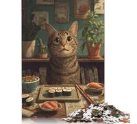 Gatto Curioso e sushi - Puzzle in legno per adulti, 300 pezzi, gioco di puzzle, giocattolo educativo e personalizzato (40 x 28 cm)