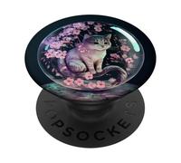 Gatto di cristallo Cherry Blossom | Sfera di cristallo floreale incantata PopSockets PopGrip Adesivo