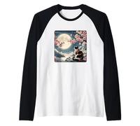 Gatto di Montagna Giapponese sotto la Luna Sakura Cherry Blossom Maglia con Maniche Raglan