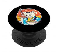 Gatto divertente che indossa kimono e mangia ramen stile arte giapponese PopSockets PopGrip Adesivo