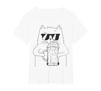 Gatto Divertente con Birra e Occhiali da Sole Maglietta, Donna Plus-Size, Bianco, 4X