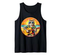 Gatto divertente retrò vintage che suona una chitarra sulla spiaggia Canotta