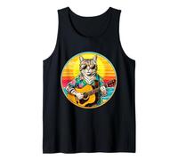 Gatto divertente retrò vintage che suona una chitarra sulla spiaggia Canotta