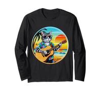 Gatto divertente retrò vintage che suona una chitarra sulla spiaggia Maglia a Manica