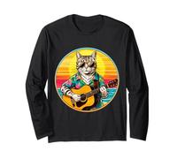 Gatto divertente retrò vintage che suona una chitarra sulla spiaggia Maglia a Manica