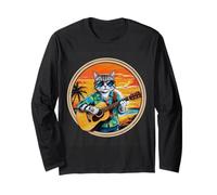 Gatto divertente retrò vintage che suona una chitarra sulla spiaggia Maglia a Manica