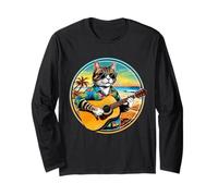 Gatto divertente retrò vintage che suona una chitarra sulla spiaggia Maglia a Manica