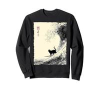 Gatto Divertente Surfing The Great Wave Giapponese Ukiyo-e Cat Felpa