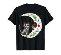 Gatto e Luna Zucchero Teschio Calavera Dia De Muertos Halloween Maglietta