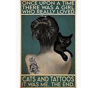Gatto e ragazza. C'era una volta una ragazza che amava molto i gatti e i tatuaggi. Ero io. La fine. Targa in metallo e latta, decorazione da parete per garage, caverna dell'uomo, bar, cucina, 20x30 cm