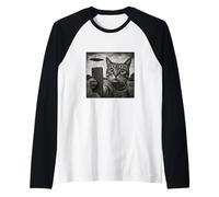 Gatto e UFO scattare Selfie Foto in Stile Schizzo Vintage Maglia con Maniche Raglan