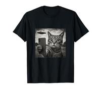 Gatto e UFO scattare Selfie Foto in Stile Schizzo Vintage Maglietta