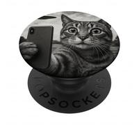 Gatto e UFO scattare selfie foto in stile schizzo vintage PopSockets PopGrip Adesivo