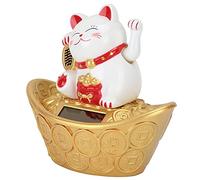 Gatto fortunato,Braccio d'ondeggiamento del gatto della fortuna solare, 4,7 pollici Ricchezza fortunata che accoglie il gatto seduto sul lingotto d'oro che fa cenno alla fortuna Feng Shui (White)