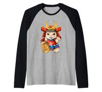 Gatto Fortunato Samurai Maneki Neko Kawaii Gatto Giapponese Maglia con Maniche Raglan