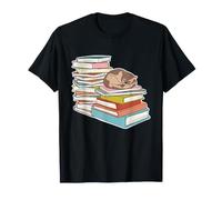 Gatto Gattino Che Dorme sulla Cima di Pile di Libri Lettore di Lettura Maglietta