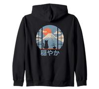 Gatto Giapponese Che osserva Monte Fuji Tramonto Calma Kanji Art Felpa con Cappuccio