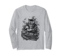 Gatto Giapponese con Sushi in Stile Irezumi Bianco e Nero Maglia a Manica
