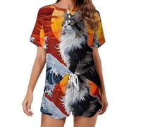Gatto giapponese Ocean Wave Set pigiama da donna camicia a maniche corte e pantaloncini 2 pezzi loungewear indumenti da notte, Stile:, L