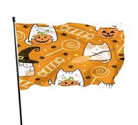 Gatto Giardino Bandiera 3x5 FT Cartone Animato Simpatici Animali Gatto Cappello da Strega Scopa E Ragno Nero Dolce Caramella Poliestere Bandiere Casa Patio Prato Banner di Saluto per Interni Esterni