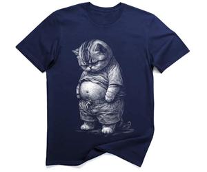 Gatto Grasso Scontroso Meme Umorismo Maglietta (2XL, Blu Navy)