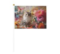 Gatto grigio seduto sei pezzi stampato su entrambi i lati bandiera portatile 14 x 20,8 cm, adatta per tifare attività di squadra