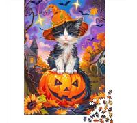 Gatto Halloween Puzzle 1000 Pezzi per Adulti Gioco di Puzzle 1000 Pezzi Zucca Cappello Strega Rilassamento Decorazione Casa Regalo Famiglia 38x26cm/1000pcs