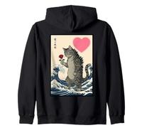 Gatto Holding Rose Great Wave Ukiyo-e San Valentino Felpa con Cappuccio