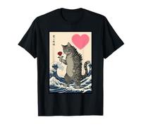 Gatto Holding Rose Great Wave Ukiyo-e San Valentino Maglietta