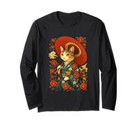 Gatto In Kimono Con Ombrello Arte Giapponese Stile Classico Maglia a Manica