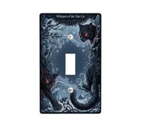 Gatto invernale gotico illustrazione nero interruttore a levetta piastra | Sfondo della foresta innevata, arte felina mistica, tema del solstizio d'inverno, estetica dark fantasy
