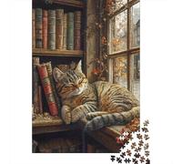 Gatto Libreria Puzzle 1000 Pezzi Puzzle per Adulti Studio accogliente Gioco di Puzzle 1000 Pezzi Regalo per casa famiglia relax 70x50cm/1000pcs