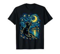 Gatto Luna, Stelle, Cielo vorticoso di Notte Arte Maglietta