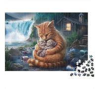 Gatto Madre con Gattini Puzzle 1000 Pezzi Carta per Adulti Cascata Notturna Gioco di Puzzle Relax Arredo Casa Regalo 52x38cm/1000pcs