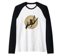 Gatto Marrone Che Guarda la Luna Halloween Maglia con Maniche Raglan