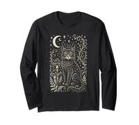 Gatto Mistico Arte Popolare Luna e Fungo Botanico Maglia a Manica