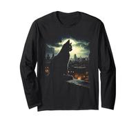 Gatto Mistico Silhouette Luna Piena Città Notte Maglia a Manica