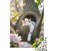 Gatto nel nido tra i fiori 1000 Pezzi Cavità nell'albero Cartone Resistente Puzzle Per Uomo E Donna, Difficile Sfida Educativa, Idea Regalo Famiglia 52x38cm/1000pcs
