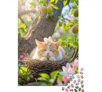 Gatto nel nido tra i fiori Puzzle Gatto che dorme 1000 Pezzi Cartone Resistente Da 14 Anni, Stimolante Sfida, Idea Regalo Esclusivo Natale Decorazione Murale 70x50cm/1000pcs