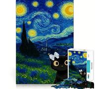 Gatto nella Notte Stellata con Fiocco Puzzle da 1000 Pezzi per Adolescenti Gioco di Logica Efficace Divertimento Tempo Libero Bordo Trasparente Opera Da Collezione 38x26cm