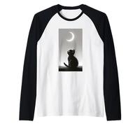 Gatto Nero Che Guarda la Luna Crescente Minimalista Notte Cielo Arte Maglia con Maniche Raglan