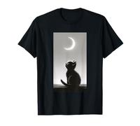 Gatto Nero Che Guarda la Luna Crescente Minimalista Notte Cielo Arte Maglietta