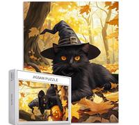 Gatto nero che indossa cappello da mago 1000 pezzi puzzle per adulti Autunno Foresta Sfondo Art Puzzle colorato fai da te per la decorazione della casa Regali Puzzle di famiglia Perfetto per le notti