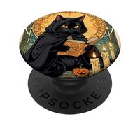 Gatto nero che legge il diario di Jack o lanterna PopSockets PopGrip Adesivo