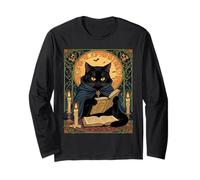 Gatto Nero Che Legge Un Libro di incantesimi del solstizio Maglia a Manica